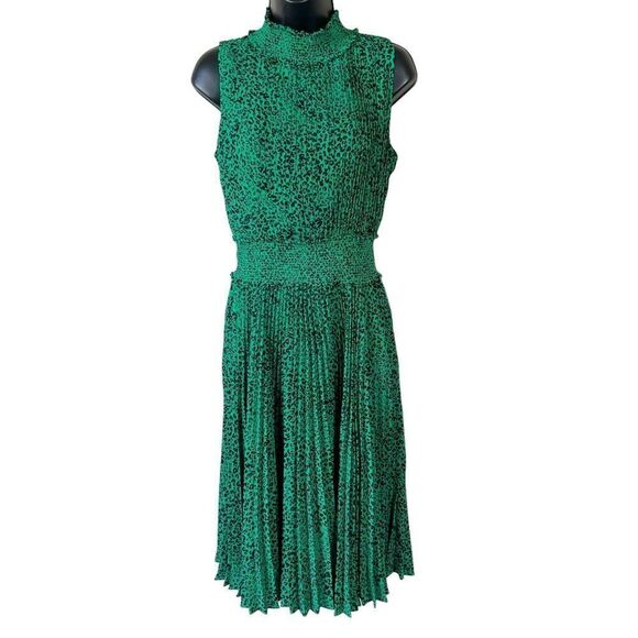 Nanette Lepore Shamrock Green Animal Print Pleated Sleeveless A Line Dress - Picture 15 of 16